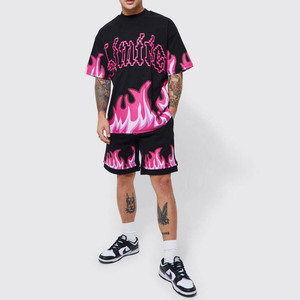 Conjunto de Camiseta y Pantalones Cortos Personalizados, Estilo Hip Hop Unisex, Diseño Oversize Vintage, Lavado Ácido, para Hombre - Product Image 2