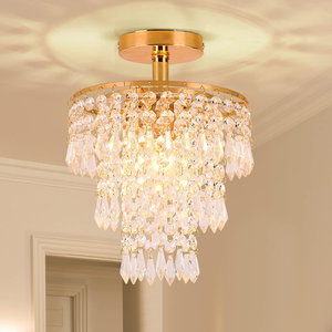 Dazzling flush-mount ceiling <b>light</b> adorned with cascading rows of multi-faceted <b>crystal</b> prisms, available at wholesale prices. - Product Image 1