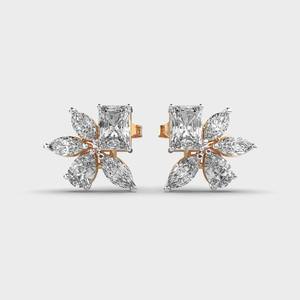 Boucles d'oreilles clous en or blanc/rose/jaune 18 carats avec diamants taille radiant et design floral en grappe marquise - Product Image 5