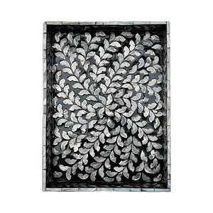 Handmade <b>Rectangle</b> Black Mother of Pearl Inlay Serving Tray - Leaf Pattern Server - Decorative Centerpiece for <b>Coffee</b> <b>Table</b> - Product Image 1