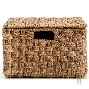 Eco-friendly Seagrass Woven Storage Basket with Lid Rectangular Wicker Organizer Box for Bedroom Closet <b>Shelf</b> Decorative Bin - Product Image 2
