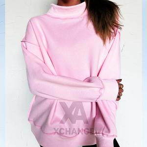 Sudadera de cuello alto extragrande para mujer, gris claro, de algodón tejido, con estampado de letras y logo en la espalda, ropa informal de otoño - Product Image 3