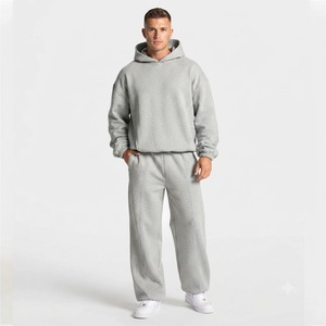 Men's Custom Light Grey <b>Oversized</b> Contrastline Tracksuit Set Premium Quality Cotton Fleece Hoodie & Wide Leg <b>Sweatpants</b> OEM - Product Image 1