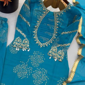 Blue Floral <b>Indian</b> Pakistani Set Embroidered Long <b>Top</b> Lace Hem Palazzo Pants Festive Salwar Kameez Outfit - Product Image 5