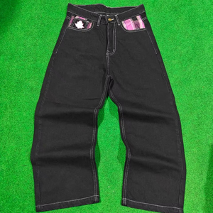 กางเกงยีนส์ทรงหลวมปักโลโก้ตามสั่ง แฟชั่นยีนส์สีดำฟอกหนาสำหรับผู้ชาย ทรงตรง คุณภาพสูง กางเกงยีนส์เดนิมสำหรับผู้ชาย - Product Image 1