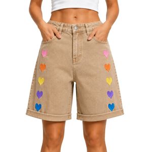 Khaki Beige <b>Rainbow</b> Heart Embroidered Women Denim Shorts High Waist Casual Loose Fit Rolled Hem Cotton Summer Fashion Jean Short - Product Image 1
