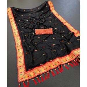 PARTY WEAR JACQUARD WORK SAREE CON BLUSA SIN COSTURA NEGRO - Product Image 1