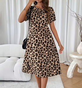Leopard Print Short Sleeve O-Neck Loose Midi Dress Casual Summer Woven Breathable Women's Dress - Product Image 3