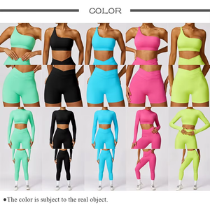 Women <b>Neon</b> Green Yoga Set 2 Piece Seamless High Waist Shorts <b>Crop</b> <b>Top</b> Full Sleeve Solid Color Sportswear - Product Image 3