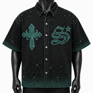 Custom <b>Men</b> <b>Blue</b> Rhinestone Denim Shirts Wholesale Oversized Short Sleeve Gothic Cross Diamond Button Up Summer Streetwear Tops - Product Image 2