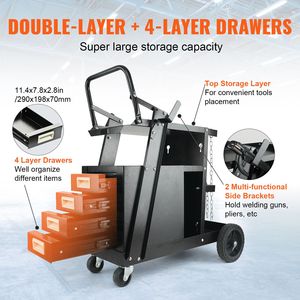 Carrello per saldatura a 2 livelli con 4 cassetti, ruote girevoli a 360 gradi, capacità di carico 120 kg, contenitore per bombole e catene di sicurezza per lo stoccaggio - Product Image 4