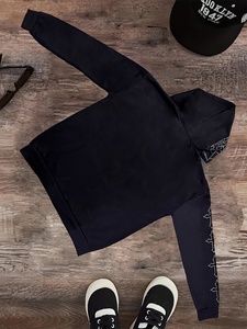 Sudadera con capucha negra con cremallera y pedrería, de forro polar oversize, con estampado de letras, estilo urbano para hombre y unisex - Product Image 2