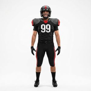 Uniforme de Fútbol Americano OEM para Hombre, Jersey Negro y Rojo con el Número 99, Sublimado, Transpirable, de Corte Atlético y Mangas Cortas - Product Image 1
