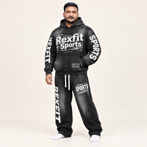 Black Washed Graphic Pullover with Loose Pants Custom Unisex Tracksuit Streetwear Mens Set with Screen Print Casual Wear - Product Image 1