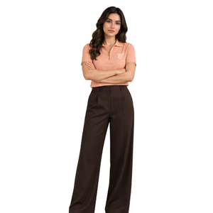 Peach Half Zip Collared Short Sleeve Polo <b>Top</b> with Brown Wide Leg Pleated Pants <b>Womens</b> <b>Smart</b> Casual Outfit - Product Image 3