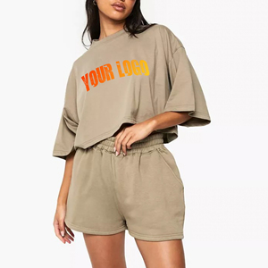 Hot Selling article 100% cotton 2-Piece oversized Women's t-shirt & short <b>set</b> Summer wear High-Quality solid women's short <b>Set</b> - Product Image 4