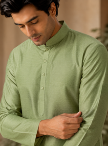 Custom Men Olive Dupion Silk Kurta Mandarin Collar Ethnic <b>Top</b> High Quality <b>Indian</b> Festive Party Wear Shirt Bulk - Product Image 5