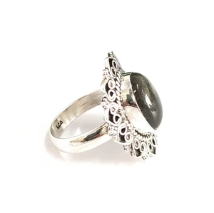 Oxidized 925 Sterling Silver <b>Ring</b> Wholesale Natural Blue Flash Oval <b>Labradorite</b> Crown Filigree Statement Band - Product Image 3