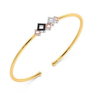 Yellow Gold Black and <b>White</b> Lab Grown Diamond Geometric Open Cuff Bangle - Product Image 3