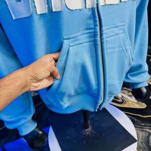 Sudadera con capucha unisex para hombre, con cremallera, efecto desgastado, bordado, 100% algodón, de gran tamaño, peso pesado, felpa francesa, con parches - Product Image 4