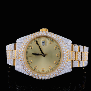 Montre automatique de luxe bicolore dorée avec cadran champagne vintage, sertie de moissanite VVS et de diamants, style hip-hop avec bracelet - Product Image 1