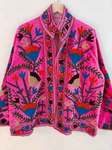 Chaqueta Bordada de Terciopelo Suzani: Abrigo Bohemio Rosa - Product Image 2