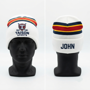 TAISON SPORTS Premium 280 GSM <b>Wool</b> Knit Ice Hockey <b>Beanie</b> Cap Ribbed Cuff 3D Embroidery Custom Logo White Unisex Adjustable - Product Image 1