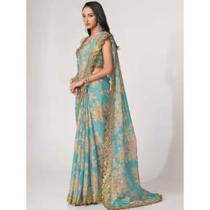 Pretty Sky Blue Floral Print Organza Festival Wear Saree Con Blusa - Product Image 6