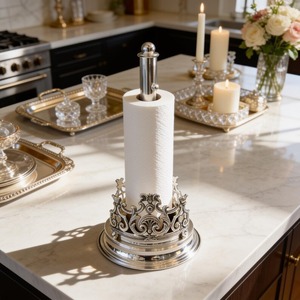 Vintage Gold Metal Paper <b>Towel</b> <b>Holder</b> Freestanding Countertop Stand with Floral Rose Leaf Design for <b>Kitchen</b> - Product Image 5