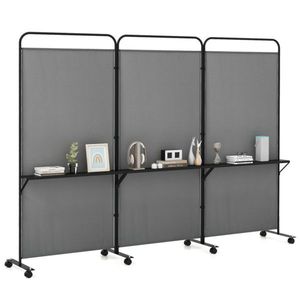 Customizable 3-Panel Folding <b>Divider</b> with Lockable Wheels and 3 Metal Shelves <b>Vintage</b> Design Grey <b>Room</b> Partition - Product Image 1