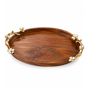 Plateau décoratif classique en bois de manguier avec accents floraux en laiton doré, plateau de service rectangulaire de luxe pour la décoration intérieure en gros - Product Image 2