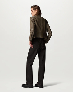 Veste Moto en Cuir Véritable pour Femme, Col Montant, Manches Longues, Fermeture Éclair, Couleur Unie, Mode Automne, Broderie - Product Image 4