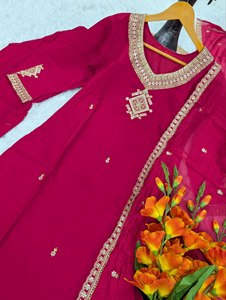 Premium Modern Embroidered Straight <b>Kurta</b> Pant Set <b>Women</b> Designer Chiffon Dupatta Autumn Winter Festive Party Wear Traditional - Product Image 2