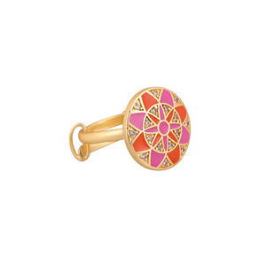 Women Gold Plated Adjustable Finger <b>Ring</b> with Pink Orange Enamel Flower Pattern and <b>Crystal</b> Stone Studded Fashion Jewelry Gift - Product Image 1