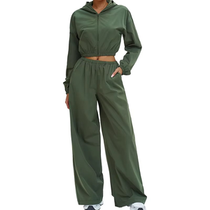 Womens <b>Cropped</b> <b>Zip</b> <b>Up</b> Hoodie Wide Leg Pants Set Lightweight UV Protection Tracksuit Breathable Sportswear Set - Product Image 2