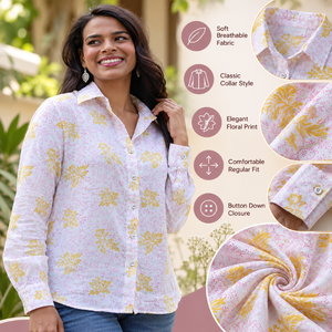 Camisa de Algodón con Estampado Floral y Botones al Frente |   Camiseta holgada y transpirable de manga larga amarilla para mujer |   Blusa Informal para el Trabajo de Primavera/Verano - Product Image 5