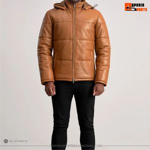Veste matelassée à capuche en cuir PU marron pour homme, coupe-vent, épaisse, matelassée, décontractée, fermeture éclair, coupe régulière, veste en cuir - Product Image 4