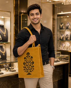 Mustard Jute Tote <b>Bag</b> with Black Hand Block Print Zipper Eco Friendly <b>Reusable</b> Shopping <b>Bag</b> - Product Image 4
