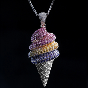 Collier pendentif cornet de glace coloré style hip-hop pour hommes et femmes, avec diamants simulés et moissanite, plaqué argent et or, style streetwear - Product Image 3