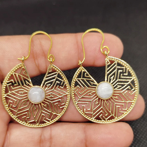 Moonstone Export Brass Gemstone Drop Earrings Bulk Handcrafted Gold Plated Finish Pattern Bezel - Product Image 1