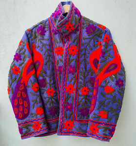 Vintage Kashmiri Suzani Embroidery Breathable Eco-Friendly Purple Velvet Handcrafted Floral Peacock Crewel Work Winter <b>Quilted</b> - Product Image 5