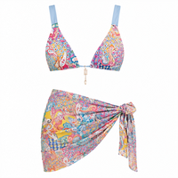 Set Bikini 3 Potong Wanita Buatan Tangan dengan Kerah V, Atasan Segitiga Model Tunnel yang Dapat Disesuaikan, Motif Bunga, Renda, Kristal Berlian Imitasi