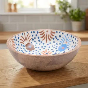 Bol de service en bois artisanal avec impression émaillée décorative, bol rustique pour salade, fruits et collations, pour la cuisine et la salle à manger - Product Image 6