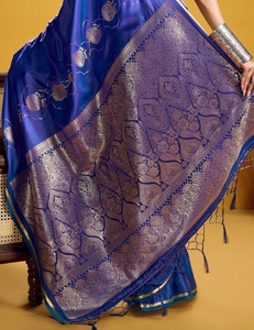 KV <b>Satin</b> Blue Woven Design Designer <b>Saree</b> With Unstitched Blouse - Product Image 6