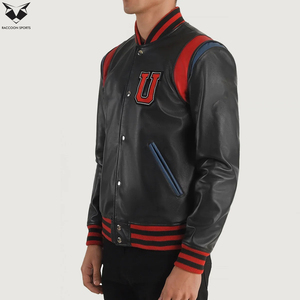 เสื้อแจ็คเก็ตหนัง PU สำหรับผู้ชาย ปักตัวอักษร U สีแดงดำ สไตล์วิทยาลัย แฟชั่นแบบ Preppy เสื้อคลุมลำลองสำหรับฤดูใบไม้ร่วง - Product Image 2