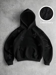 Unisex <b>Black</b> Embossed Custom Printed Breathable Winter Front Pullover Hoodie Cotton <b>Fleece</b> Casual Streetwear - Product Image 3