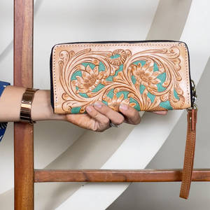 Nuevo Bolso de Mano con Cierre para Tarjetas de Crédito, Diseño Floral en Cuero Turquesa Genuino, Estilo Occidental de Lujo para Mujer - Product Image 2