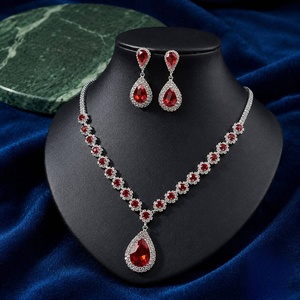 Rhodium Plated Brass Classic Wedding & Anniversary Jewelry Set Luxury <b>Ruby</b> Teardrop CZ Choker <b>Necklace</b> Earrings Set for Women - Product Image 4