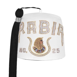Chapeau fez blanc avec emblème de reine égyptienne brodé de strass, pompon, unisexe, couvre-chef ethnique pour fête - Product Image 1