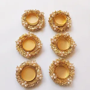 Round Gold <b>Tea</b> <b>Light</b> Holder with Pearl Trim and Beaded Design Handmade Christmas Easter Home Decoration - Product Image 3